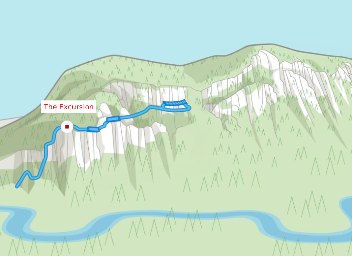 Une carte stylisée en 3D montre un sentier bleu sinueux intitulé « L’excursion » qui monte sur le terrain vert et vallonné de Via Ferrata Mont-Tremblant, avec une rivière à la base et des indices d’un coucher de soleil à l’horizon. Une carte stylisée en 3D montre un sentier bleu sinueux intitulé "L'excursion" qui monte sur le terrain vert et vallonné de Via Ferrata Mont-Tremblant, avec une rivière à la base et des indices d'un coucher de soleil à l'horizon.