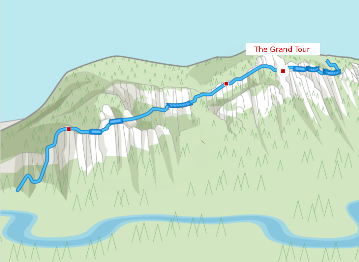 Une carte topographique simplifiée montre un sentier bleu intitulé « Le Grand Tour » qui serpente le long d’une crête montagneuse près de Via Ferrata Mont-Tremblant, avec plusieurs points marqués, une rivière à la base et des vues brillantes du coucher du soleil. Une carte topographique simplifiée montre un sentier bleu intitulé "Le Grand Tour" qui serpente le long d'une crête montagneuse près de Via Ferrata Mont-Tremblant, avec plusieurs points marqués, une rivière à la base et des vues brillantes du coucher du soleil.