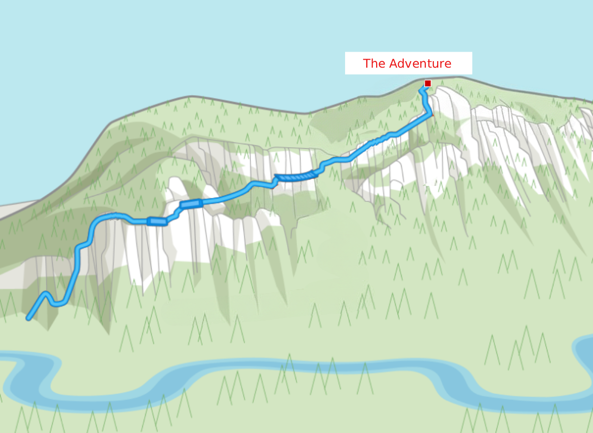 Une carte en 3D montre un sentier bleu sinueux menant d’une montagne à un point étiqueté « L’aventure », avec Via Ferrata Mont-Tremblant au coucher du soleil et des arbres clairsemés sur les pentes au-dessus de la rivière. Une carte en 3D montre un sentier bleu sinueux menant d'une montagne à un point étiqueté "L'aventure", avec Via Ferrata Mont-Tremblant au coucher du soleil et des arbres clairsemés sur les pentes au-dessus de la rivière.