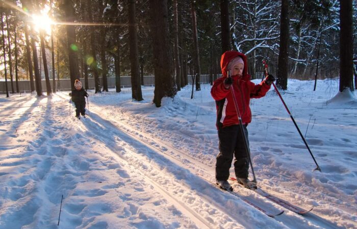 Two children in winter clothes cross-country skiing on a snowy trail through a forest, with sunlight shining through the trees.