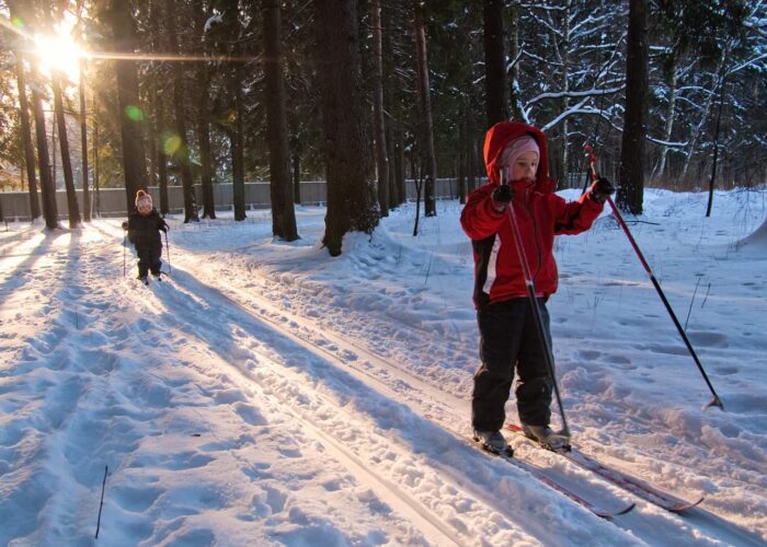 Two children in winter clothes cross-country skiing on a snowy trail through a forest, with sunlight shining through the trees.