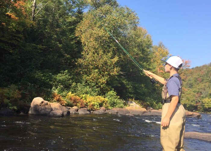 Person wearing waders and a cap is fishing with a rod in a river surrounded by rocks and trees on a sunny day.