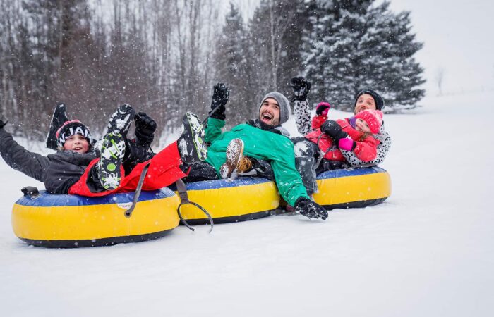 Three people and a child ride two yellow snow tubes down a snowy hill, surrounded by trees, on a winter day.
