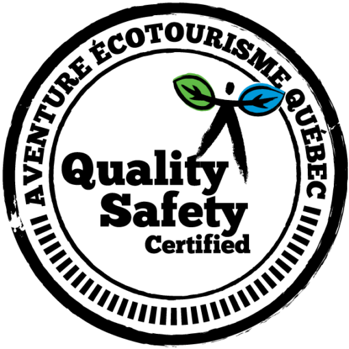Circular black and white "Quality Safety Certified" badge with a figure holding leaves, and "Aventure Écotourisme Québec" written around the edge.