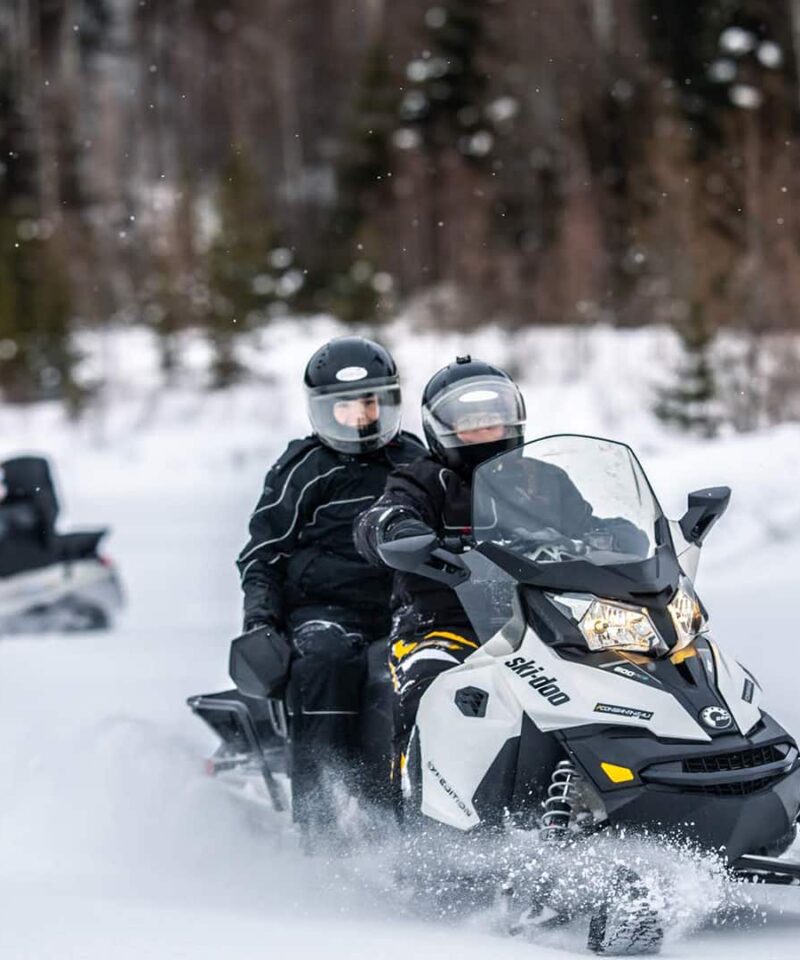Four people ride snowmobiles through a snowy forest, wearing helmets and winter gear, with snow and trees in the background.