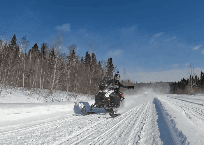 A person rides a snowmobile on a snowy trail through a forested area under a clear blue sky.