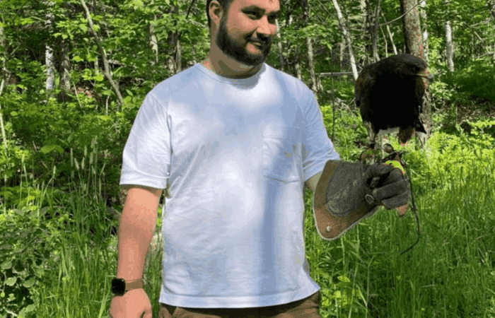 A man wearing a white shirt and brown pants holds a bird of prey on a gloved hand in a green, wooded area.