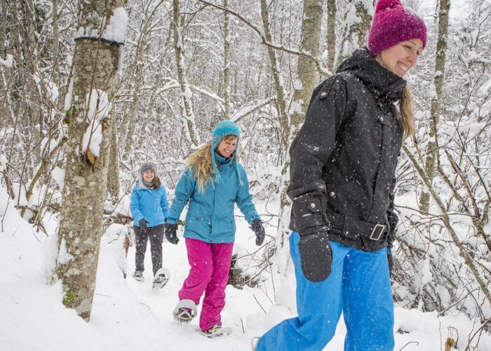 Three people walk through a snowy forest wearing winter clothes and snowshoes. Snow covers the ground and trees.