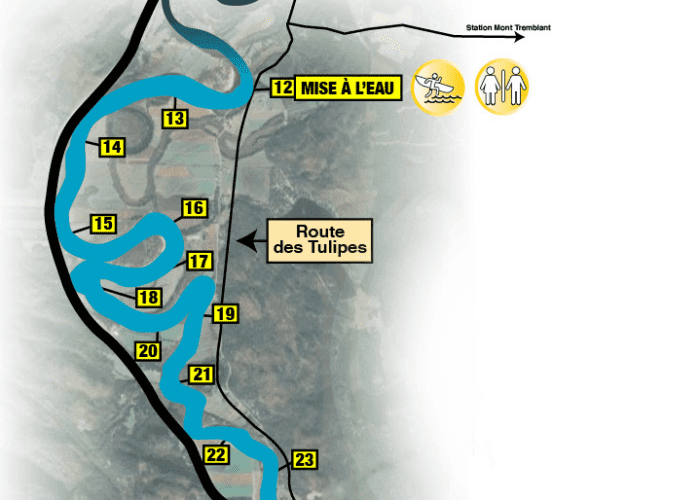 A map showing canoe and kayak access points 12 to 24 along the Rouge River on Route des Tulipes near Mont-Tremblant, with entry/exit spots, a covered bridge, and route 117 directions.