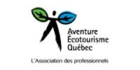 Logo of Aventure Écotourisme Québec featuring a figure with green and blue leaves as arms, alongside French text: "Aventure Écotourisme Québec. L’Association des professionnels.