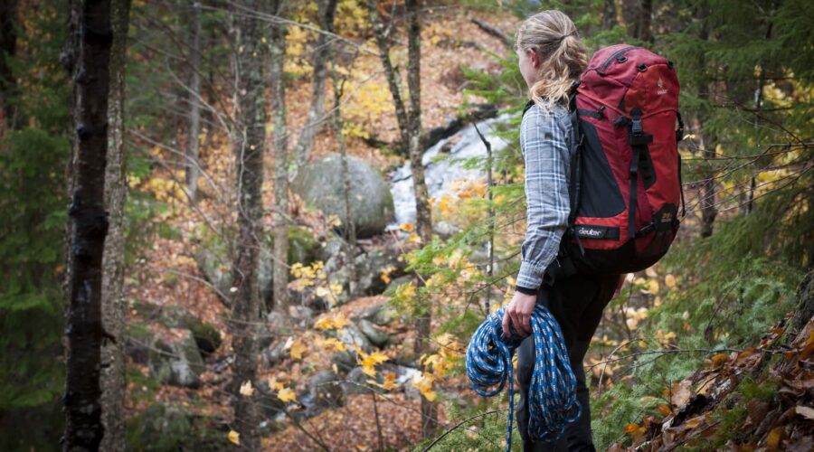 A person with a red backpack and coiled rope stands in a forest with autumn leaves, looking toward rocks and trees ahead.
