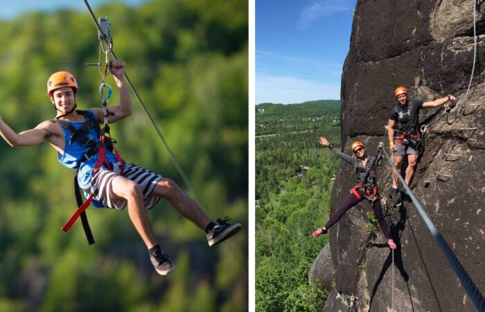 Left: Person ziplining in outdoor gear over a green forest at Mont-Catherine. Right: Two people climbing a rocky cliffside on a Via Ferrata route, with forested hills in the background.