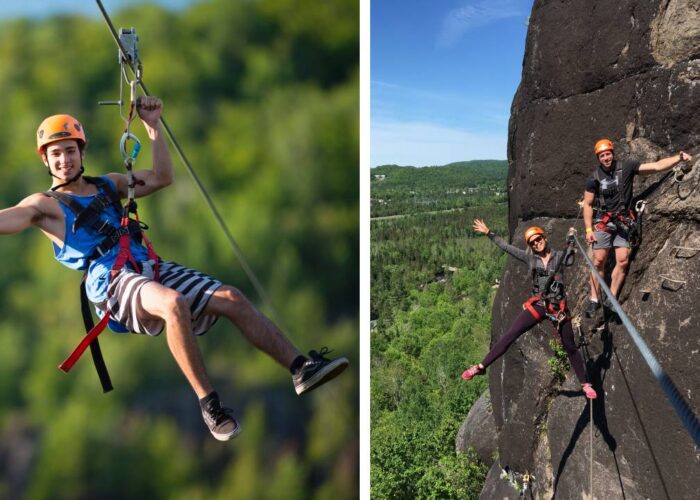 Left: Person ziplining in outdoor gear over a green forest at Mont-Catherine. Right: Two people climbing a rocky cliffside on a Via Ferrata route, with forested hills in the background.