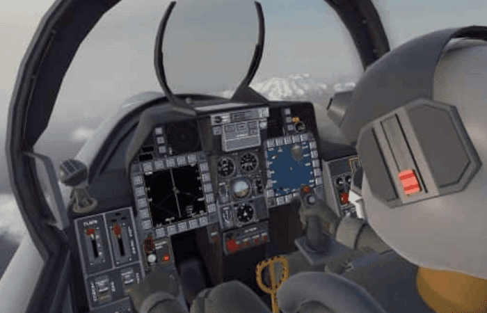 Animated view from behind a pilot seated in a fighter jet cockpit, showing various flight instruments and controls with a cloudy sky outside—perfect for immersive Fighter Pilot Training or thrilling Arcade VR experiences.