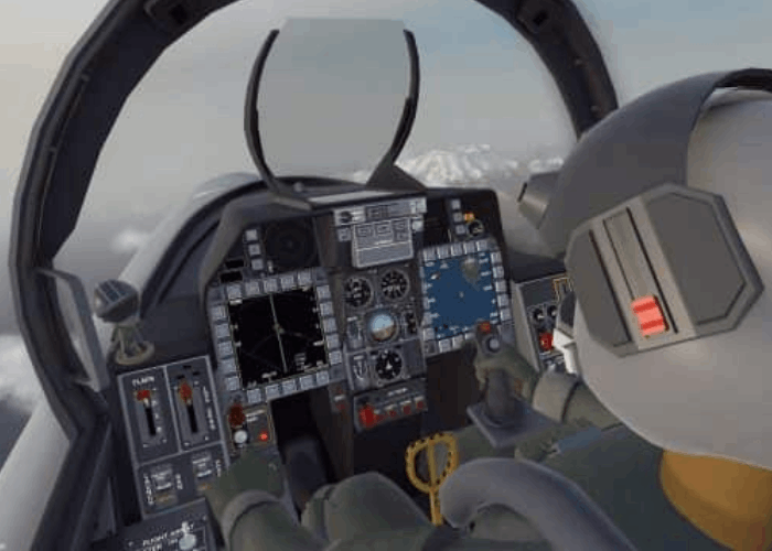 Animated view from behind a pilot seated in a fighter jet cockpit, showing various flight instruments and controls with a cloudy sky outside—perfect for immersive Fighter Pilot Training or thrilling Arcade VR experiences.