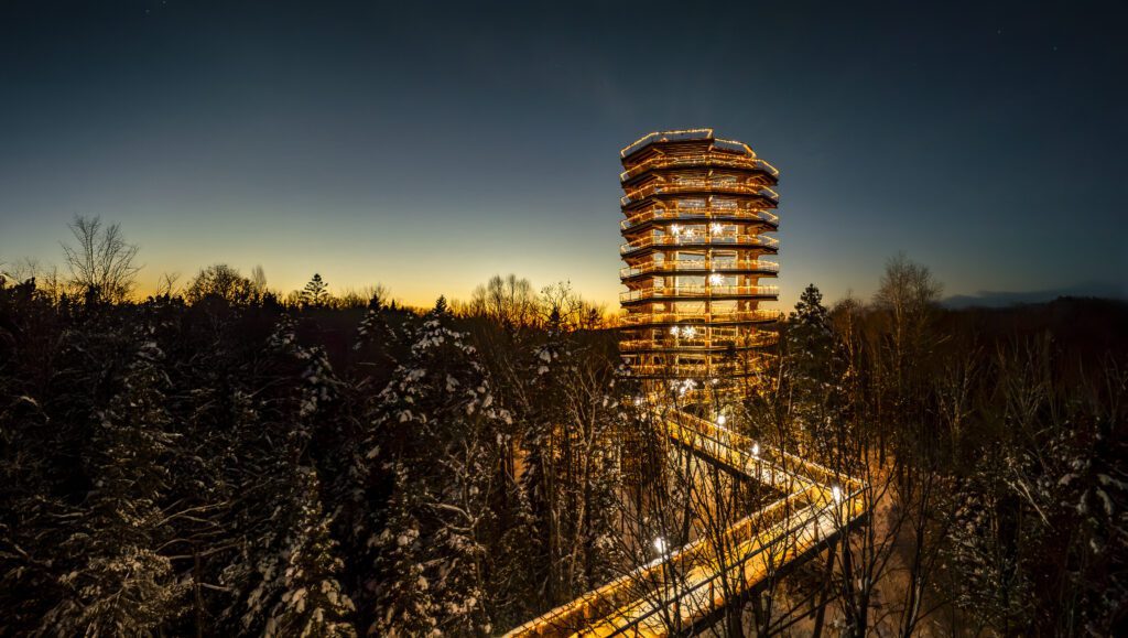 Sentier des Cimes - Une haute tour d'observation en bois, illuminée, s'élève au-dessus d'une forêt enneigée au crépuscule. Le Sentier des cimes est une passerelle sinueuse et éclairée qui mène à la structure.