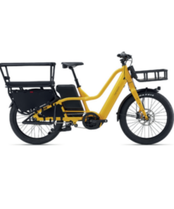 A yellow electric cargo bike with a rear storage rack, front basket, and thick tires, shown in side view against a white background.