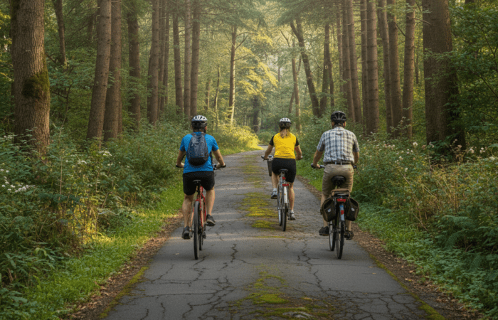 Trois personnes s'adonnent au vélo récréatif sur un chemin pavé traversant une forêt, au milieu de grands arbres et d'une végétation luxuriante.