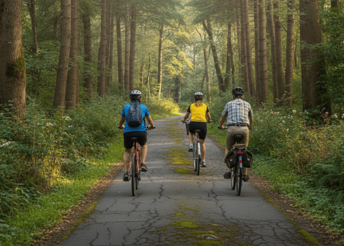 Three people wearing helmets ride recreational bikes along a paved path through a forest with tall trees and greenery on both sides, enjoying a scenic outing made easy by local bike rental options.