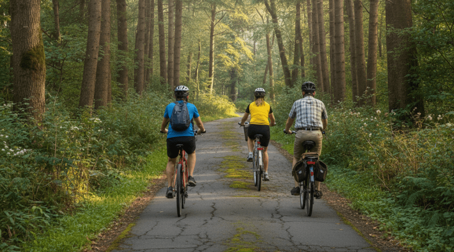 Three people wearing helmets ride recreational bikes along a paved path through a forest with tall trees and greenery on both sides, enjoying a scenic outing made easy by local bike rental options. Three people wearing helmets ride recreational bikes along a paved path through a forest with tall trees and greenery on both sides, enjoying a scenic outing made easy by local bike rental options.