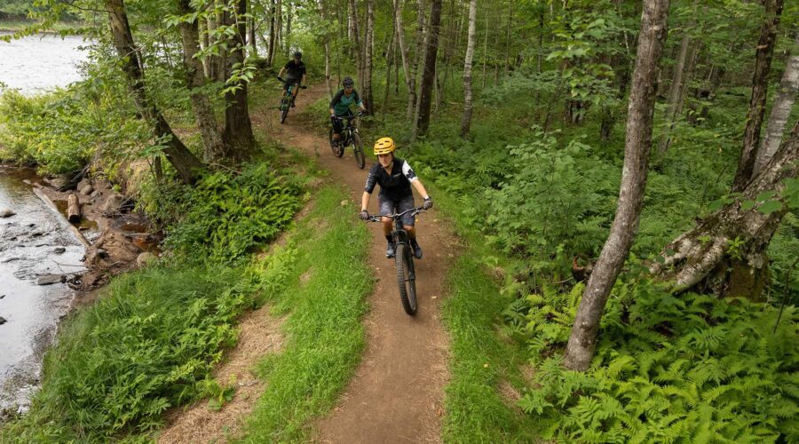 Trois personnes font du vélo de montagne sur un étroit sentier de terre à travers une forêt verdoyante, le long d’une rivière.