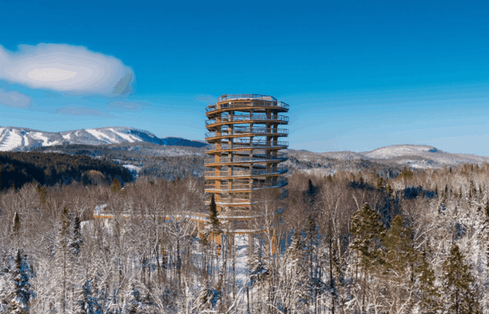 A wooden observation tower rises above a snow-covered forest with mountains and clear blue sky in the background, offering stunning views as part of the Treetop Walk Package. A wooden observation tower rises above a snow-covered forest with mountains and clear blue sky in the background, offering stunning views as part of the Treetop Walk Package.