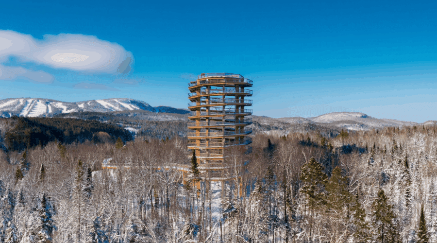 A wooden observation tower rises above a snow-covered forest with mountains and clear blue sky in the background, offering stunning views as part of the Treetop Walk Package.