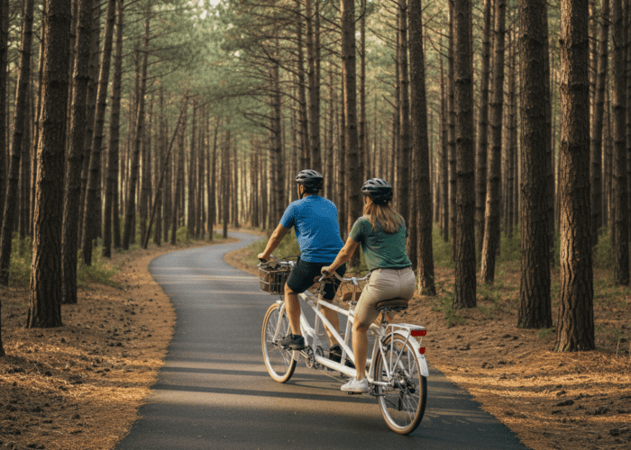 Two people riding a tandem bike on a paved path through a dense forest of tall pine trees, enjoying their adventure after picking up their ride from a local bike rental.