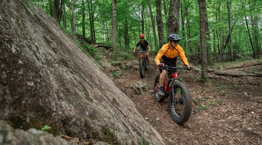 Two people ride fat-tire mountain bikes on a dirt trail through a dense, green forest with rocks and trees around them. Two people ride fat-tire mountain bikes on a dirt trail through a dense, green forest with rocks and trees around them.