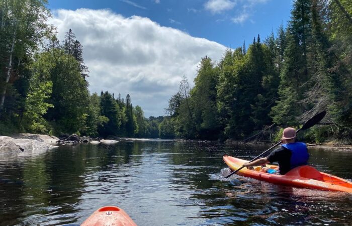 Two people kayak down a calm river surrounded by dense green trees under a partly cloudy sky.