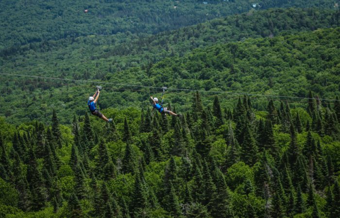 Two people wearing helmets ride parallel zip lines above a dense forest with rolling green hills in the background.