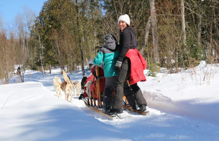 Two people riding a dog sled through a snowy forest trail, bundled up in proper dogsledding clothing, as their team pulls the sled past snow-covered trees in the background. Two people riding a dog sled through a snowy forest trail, bundled up in proper dogsledding clothing, as their team pulls the sled past snow-covered trees in the background.