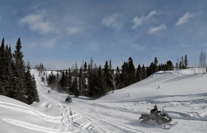 Three people ride snowmobiles along scenic snowmobile trails surrounded by pine trees and mounds of snow under a blue sky.