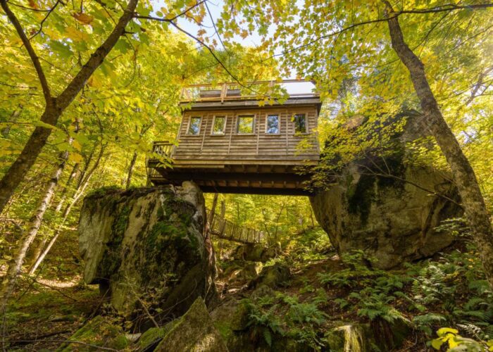 A wooden cabin is built on top of large boulders amid dense, green forest trees under bright sunlight.