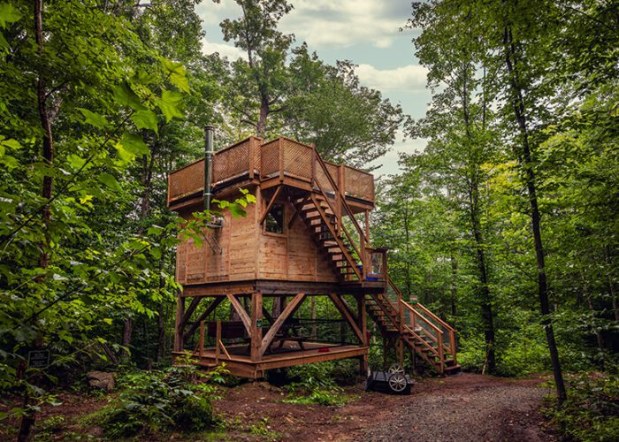 A wooden treehouse with an upper deck and exterior staircase stands elevated among dense green trees, with a small path and car parked nearby.