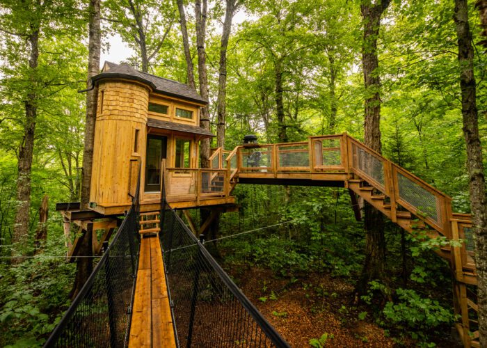 A wooden treehouse with multiple levels and stairs is built among green trees in a forest, featuring a walkway bridge and a deck area.