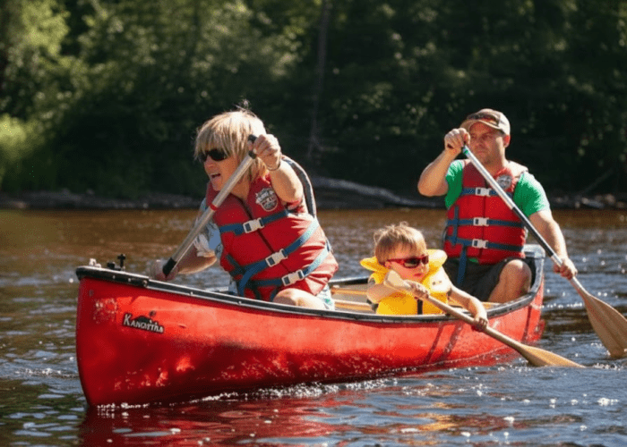 Three people, two adults and a child, wearing life jackets and paddling a red canoe on a calm river surrounded by trees.