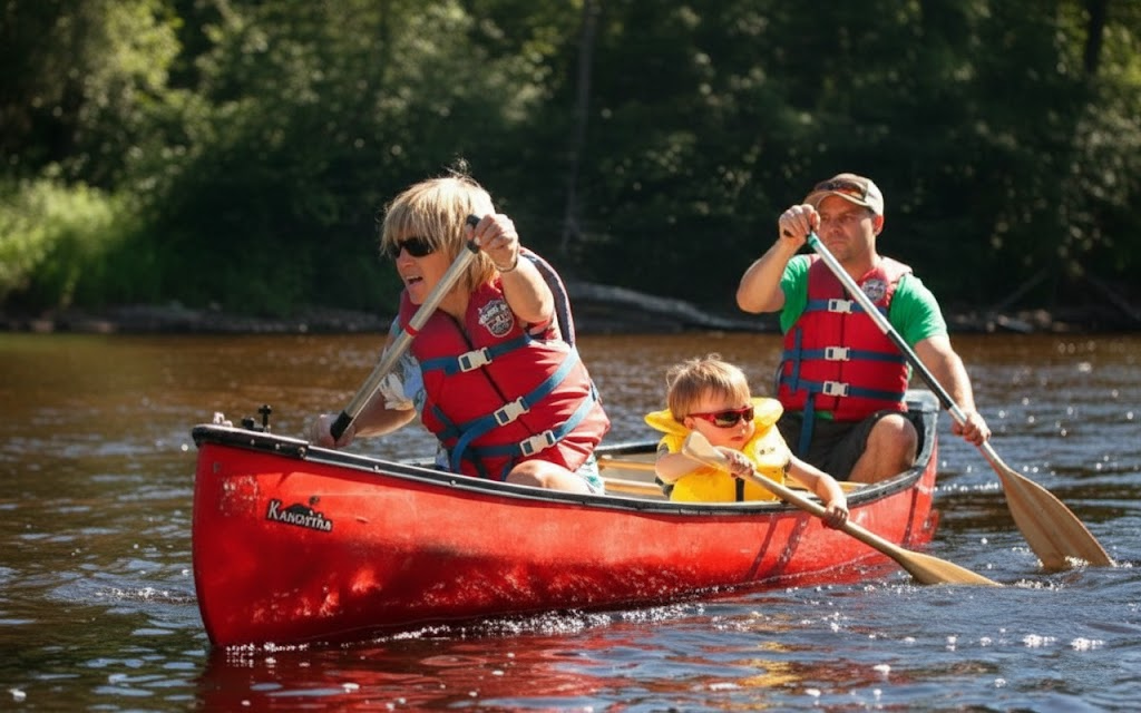 Three people, two adults and a child, wearing life jackets and paddling a red canoe on a calm river surrounded by trees.