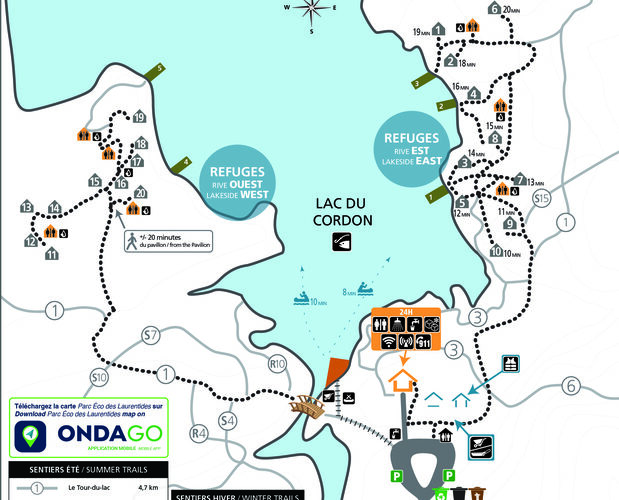 Map of Lac du Cordon with trails, campsites, and amenities marked, including summer and winter trail options and locations of treehouse refuges. Map of Lac du Cordon with trails, campsites, and amenities marked, including summer and winter trail options and locations of treehouse refuges.