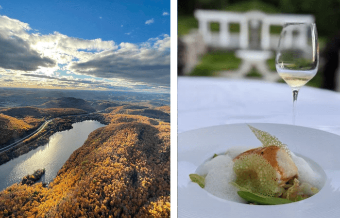À gauche : une vue aérienne d'un vol en hélicoptère montre une rivière sinueuse à travers des collines aux couleurs automnales. À droite : Un dîner gastronomique avec un verre de vin blanc sur une nappe blanche en plein air.