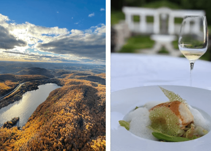 Split image: left side shows a scenic aerial view from a helicopter of a winding river through autumn forests; right side features a gourmet dinner and a glass of white wine on an outdoor table.