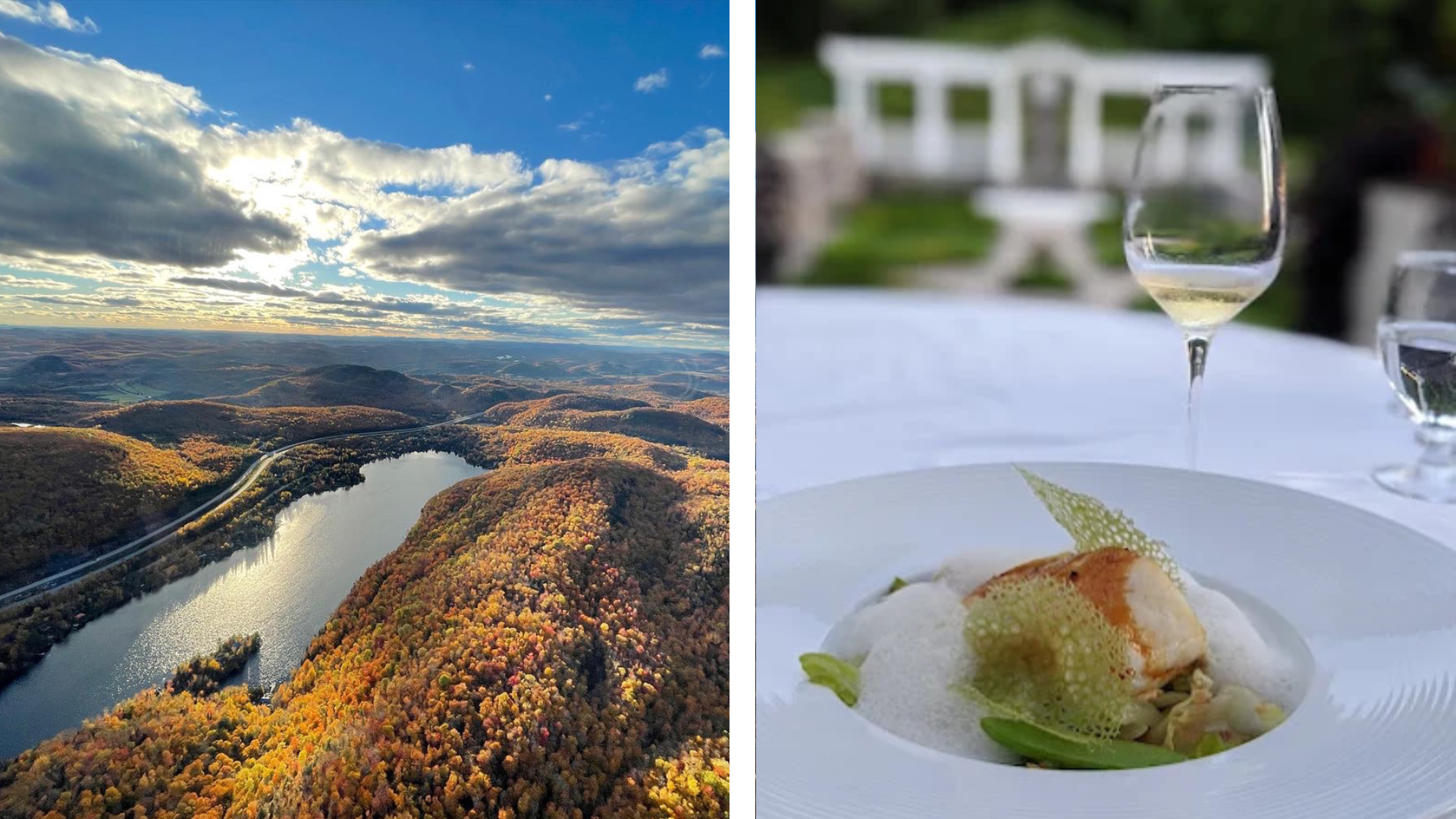 Split image: left side shows a scenic aerial view from a helicopter of a winding river through autumn forests; right side features a gourmet dinner and a glass of white wine on an outdoor table.