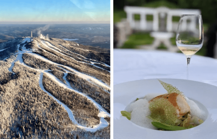 On the left, a snowy mountain with ski trails; on the right, a gourmet dinner and a glass of white wine await after your scenic helicopter flight.