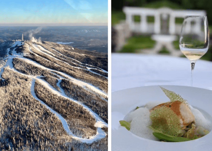On the left, a snowy mountain with ski trails; on the right, a gourmet dinner and a glass of white wine await after your scenic helicopter flight.