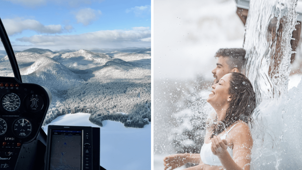 Vue aérienne des montagnes enneigées depuis un cockpit d'hélicoptère à gauche ; à droite, deux personnes profitent d'un spa nordique avec douche de neige extérieure.
