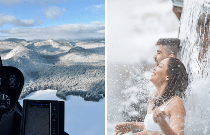 Split image: Left shows a helicopter cockpit during an exhilarating flight over snowy, forested mountains; right shows two people smiling under an outdoor Nordic Spa waterfall.