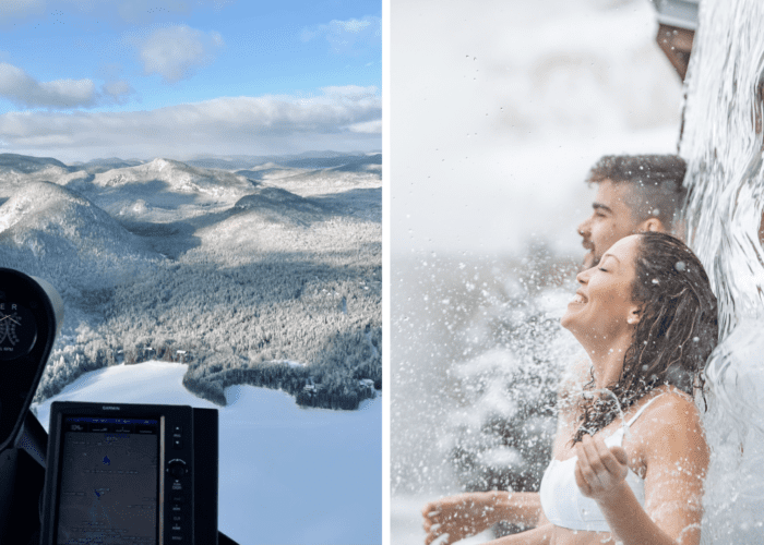 Split image: Left shows a helicopter cockpit during an exhilarating flight over snowy, forested mountains; right shows two people smiling under an outdoor Nordic Spa waterfall.