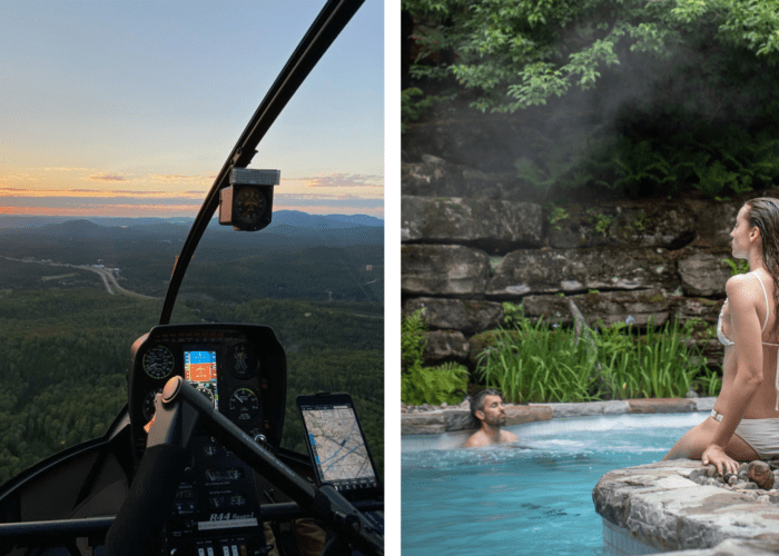 Split image: Left shows a helicopter cockpit flying over forested hills at sunset; right shows two people relaxing in an outdoor Nordic spa hot tub surrounded by stone and greenery.
