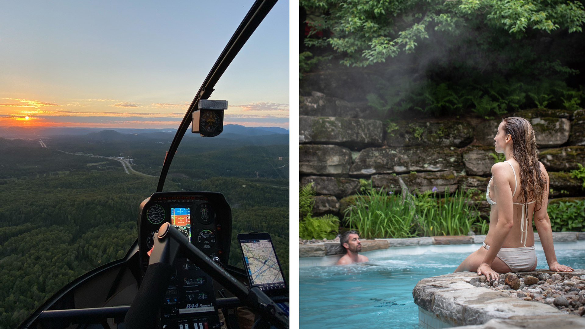 Split image: Left shows a helicopter cockpit flying over forested hills at sunset; right shows two people relaxing in an outdoor Nordic spa hot tub surrounded by stone and greenery.