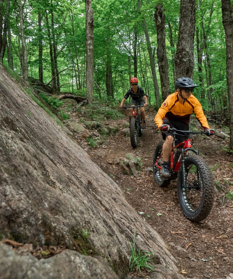 Deux personnes utilisent des VTT à pneus larges sur un sentier en terre battue dans une forêt avec des rochers et des arbres autour du chemin.